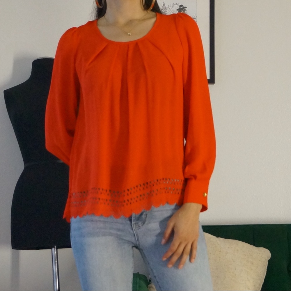 Costa Blanca Orange Long Sleeve Blouse with Cutout Style Hem Classy Style Sz XS